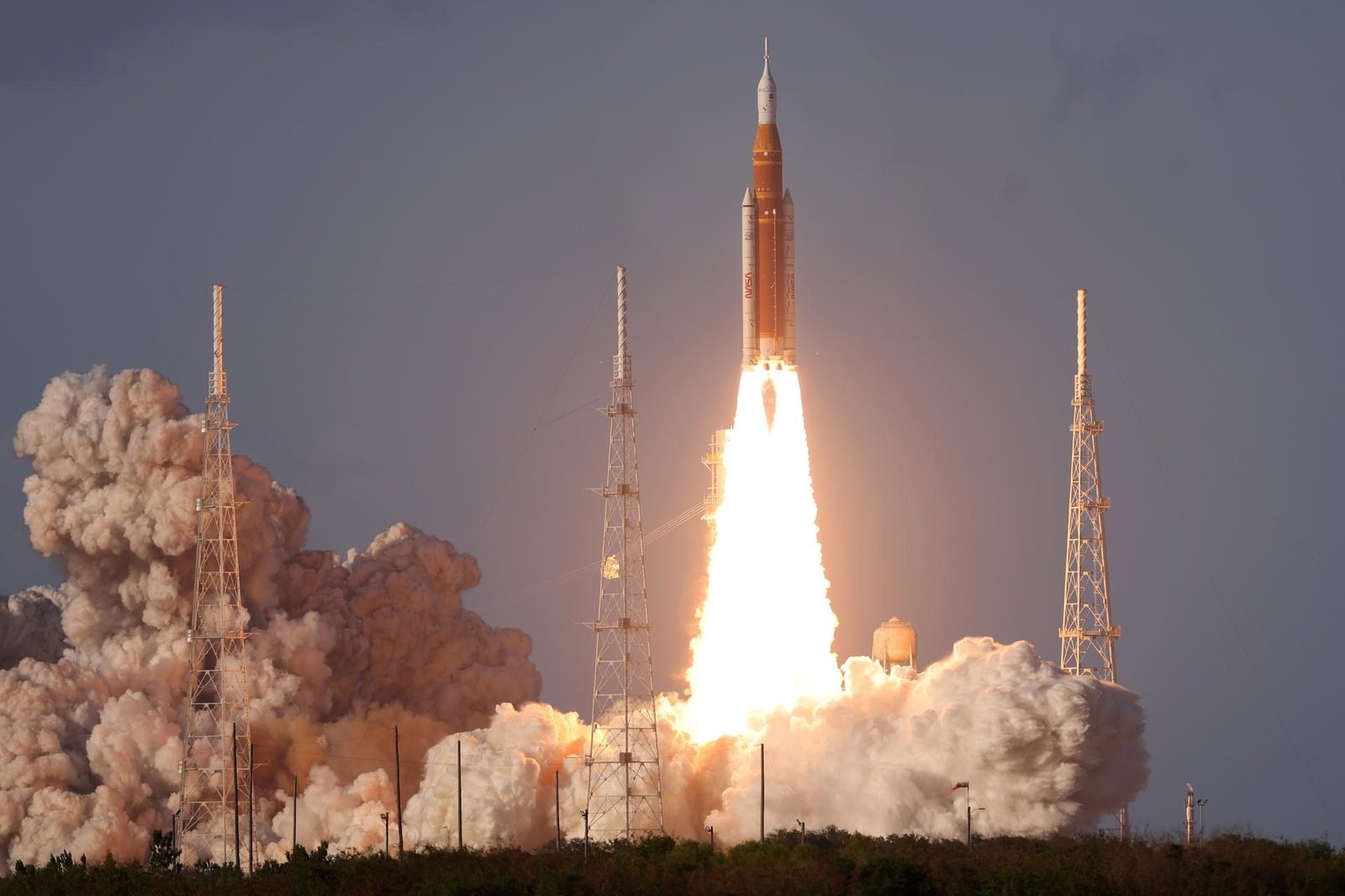 NASA Space Launch System and Orion lift off at night for Artemis II from Kennedy Space Center