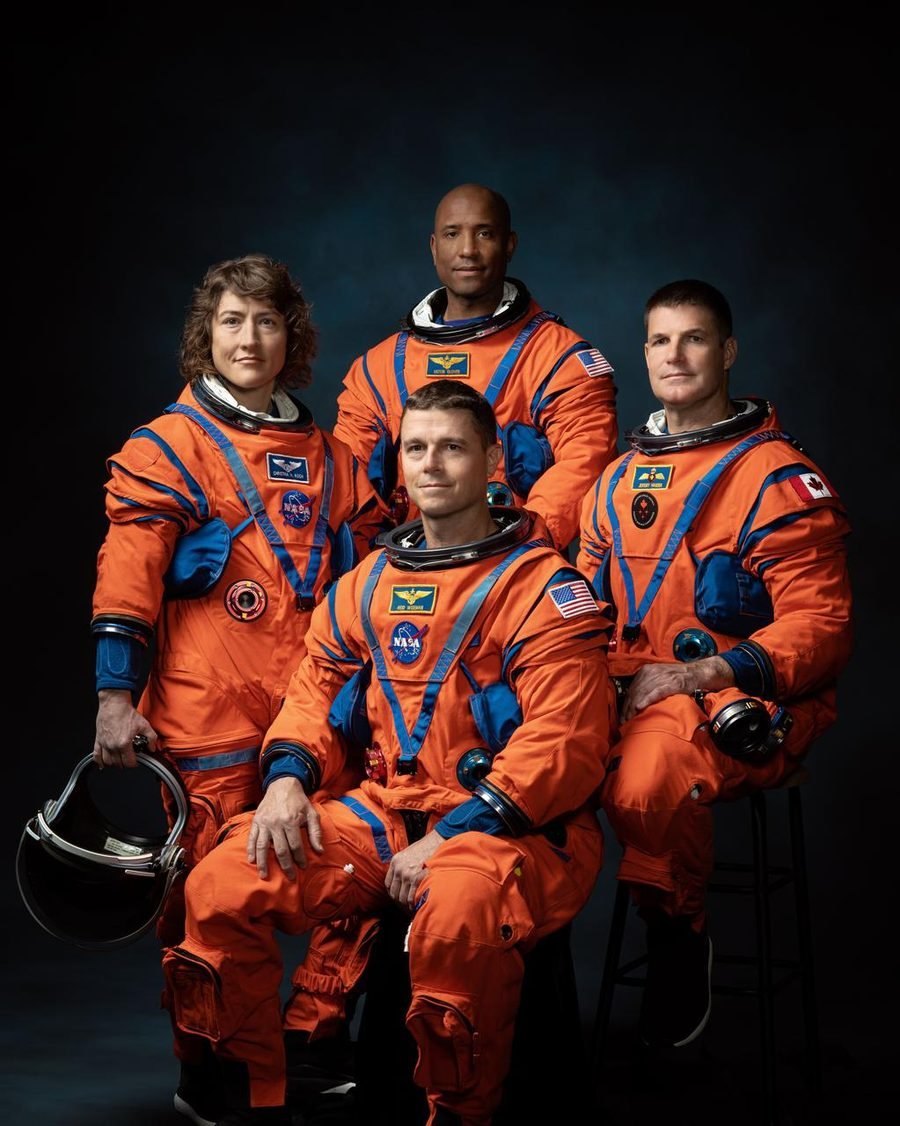 Official Artemis II crew portrait: Christina Koch, Victor Glover, Reid Wiseman, and Jeremy Hansen